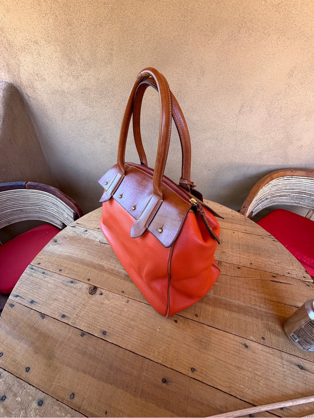 Dooney & Bourke Large Pebble Grain Leather Satchel Weekender Coral Orange Tan - Picture 4 of 15